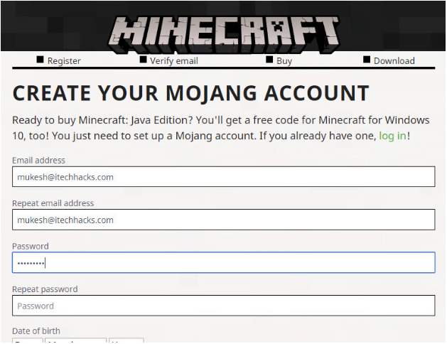 Tạo tài khoản Mojang của bạn trên Minecraft