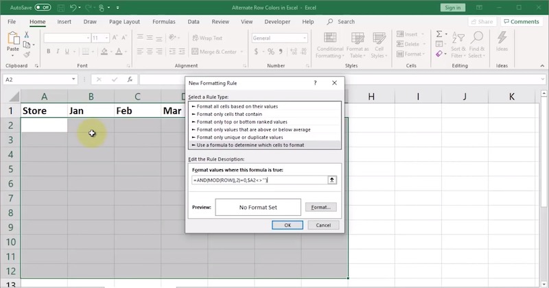 Sử dụng định dạng có điều kiện để tô bóng các hàng thay thế trong Excel