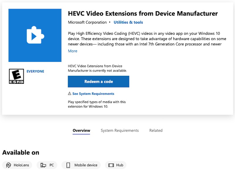 Mua-HEVC-Video-Phần mở rộng-trong-Microsoft-Store