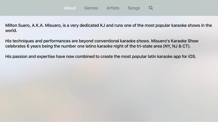 Ứng dụng Misuero Karaoke Latino dành cho Apple TV