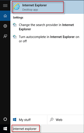 Tìm Internet Explorer trong menu bắt đầu