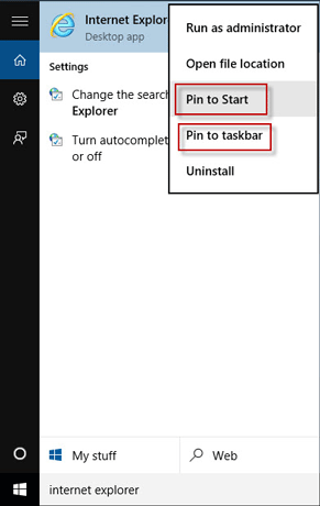 Ghim Internet Explorer vào Start hoặc Taskbar
