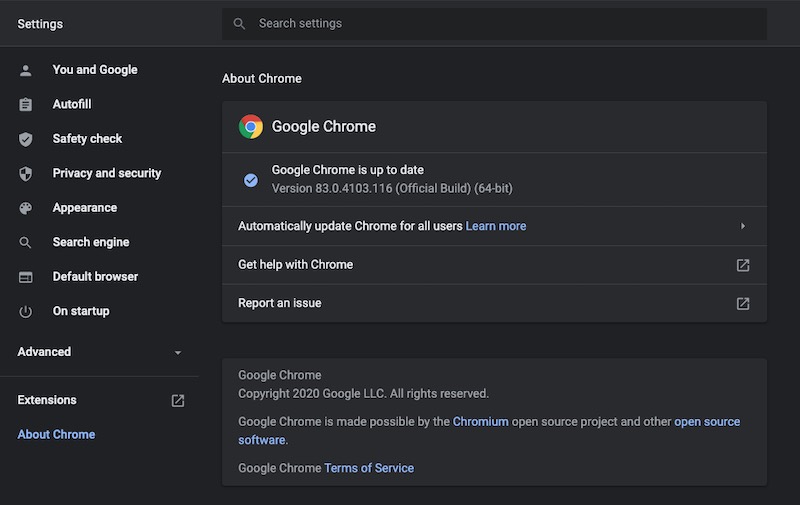 Cập nhật trình duyệt Google Chrome của bạn lên phiên bản mới nhất