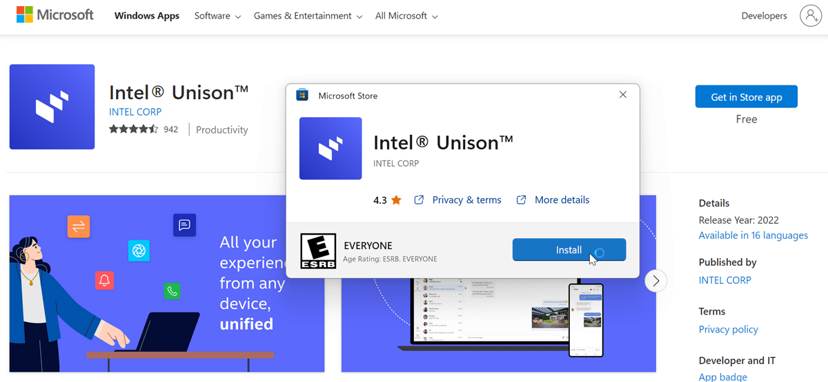 Tải xuống và cài đặt ứng dụng Intel Unison trên Windows 11.